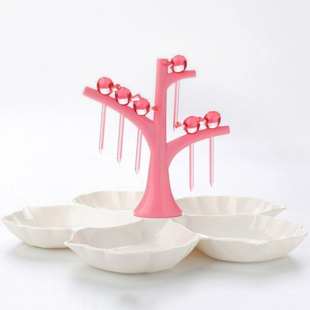 5 Compartments Fruit Plate Fork Set Bird Fork Tree Fork Holder Flower-shaped Fruit Plate New