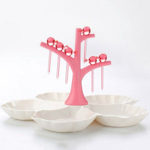 5 Compartments Fruit Plate Fork Set Bird Fork Tree Fork Holder Flower-shaped Fruit Plate New