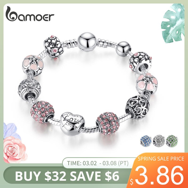 BAMOER: Antique Silver Charm Bracelet & Bangle with Love & Flower Beads