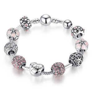 BAMOER: Antique Silver Charm Bracelet & Bangle with Love & Flower Beads
