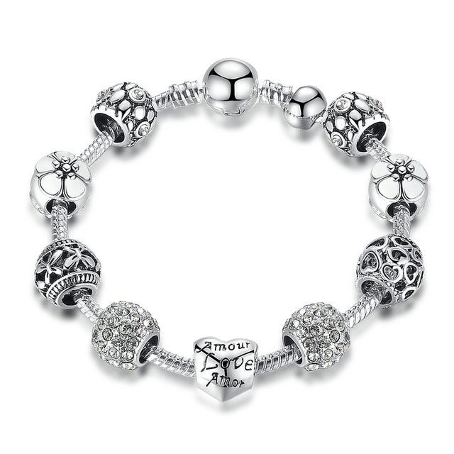 BAMOER: Antique Silver Charm Bracelet & Bangle with Love & Flower Beads