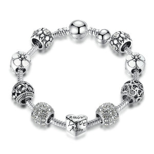 BAMOER: Antique Silver Charm Bracelet & Bangle with Love & Flower Beads