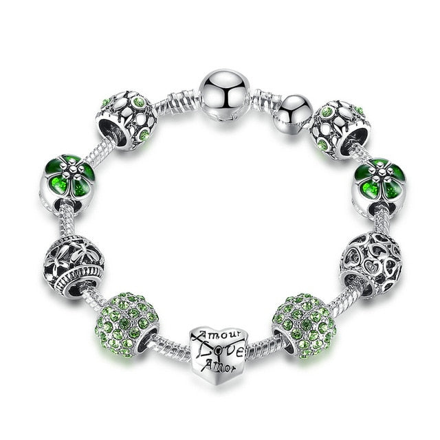 BAMOER: Antique Silver Charm Bracelet & Bangle with Love & Flower Beads