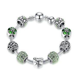 BAMOER: Antique Silver Charm Bracelet & Bangle with Love & Flower Beads