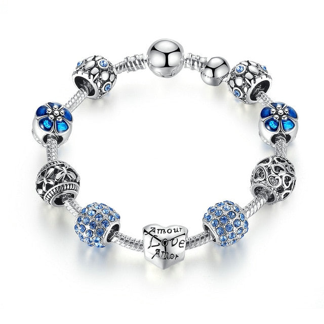 BAMOER: Antique Silver Charm Bracelet & Bangle with Love & Flower Beads