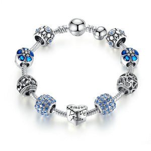 BAMOER: Antique Silver Charm Bracelet & Bangle with Love & Flower Beads