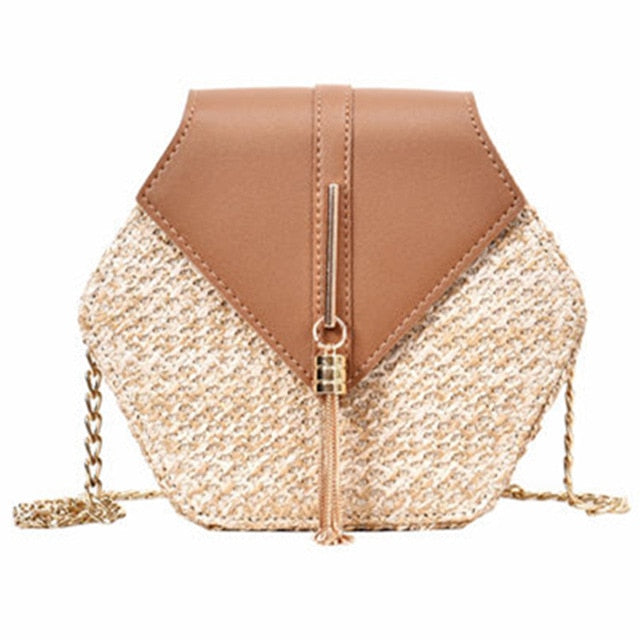 Hexagon Summer Rattan & Leather Bag Handmade