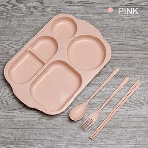 Baby Feeding Tableware Set Children Dish Bowl Fork Spoon Cup Set Bamboo Fiber Feedkid Dinnerware For Kids Separation Plate